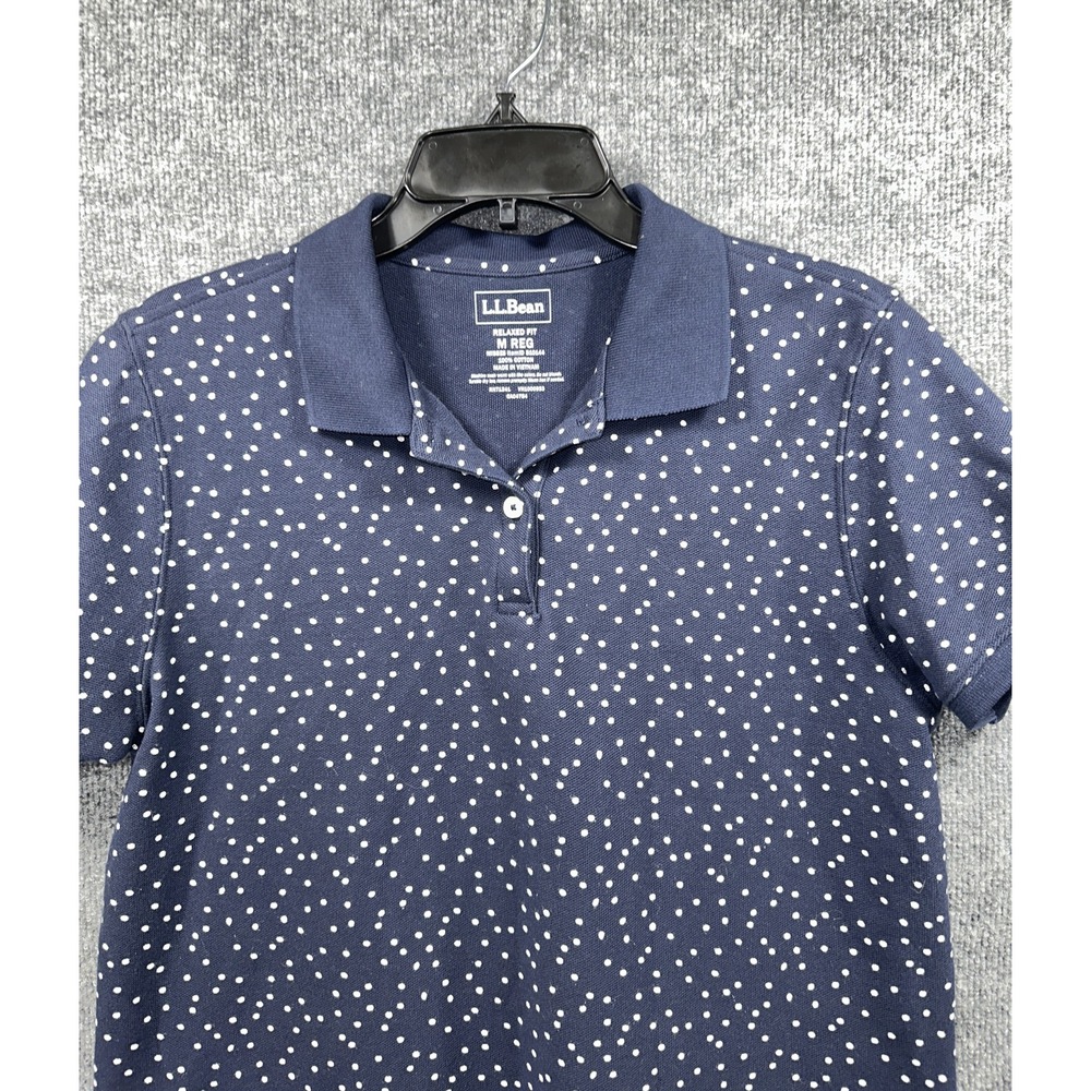 LL Bean Polo Shirt Womens M Navy Blue Polka Dot Relaxed Fit Cotton Collared Miss